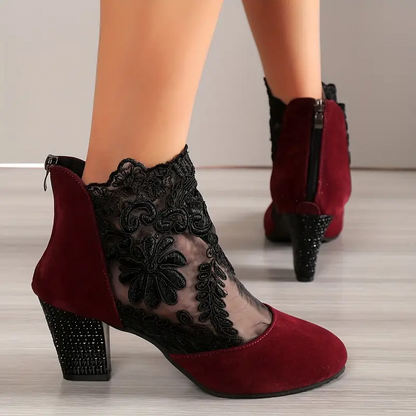 Women's Filigree Lace Heeled Sandal - Architectural Cutout Mesh Stilettos with Cushion & Extended Sizes