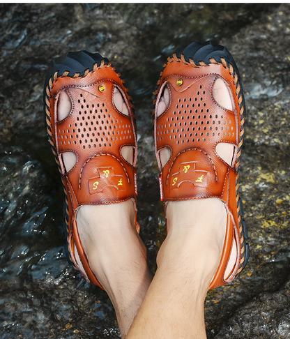 Flow Men’s Genuine Leather Summer Clogs – Breathable Closed-Toe Soft Sole Casual Beach Sandals