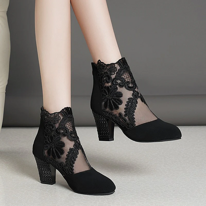 Women's Filigree Lace Heeled Sandal - Architectural Cutout Mesh Stilettos with Cushion & Extended Sizes