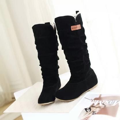 Women's Western Lace Mid-Calf Boots - Crinkle Suede Slouch Cowboy Boots