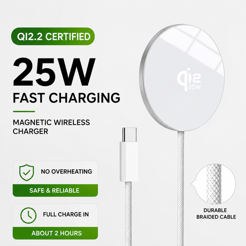 25W Qi2 Magnetic Wireless Charger Pad for iPhone, Samsung & Earbuds
