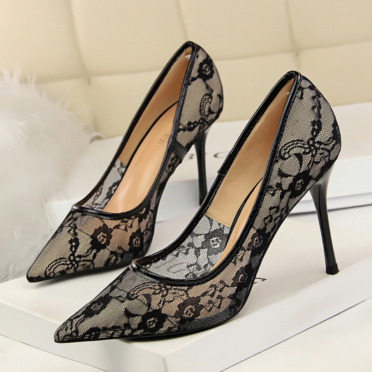 Women’s Valeria Lace Mesh Stiletto Pumps – Pointed-Toe Hollow Elegant Heels
